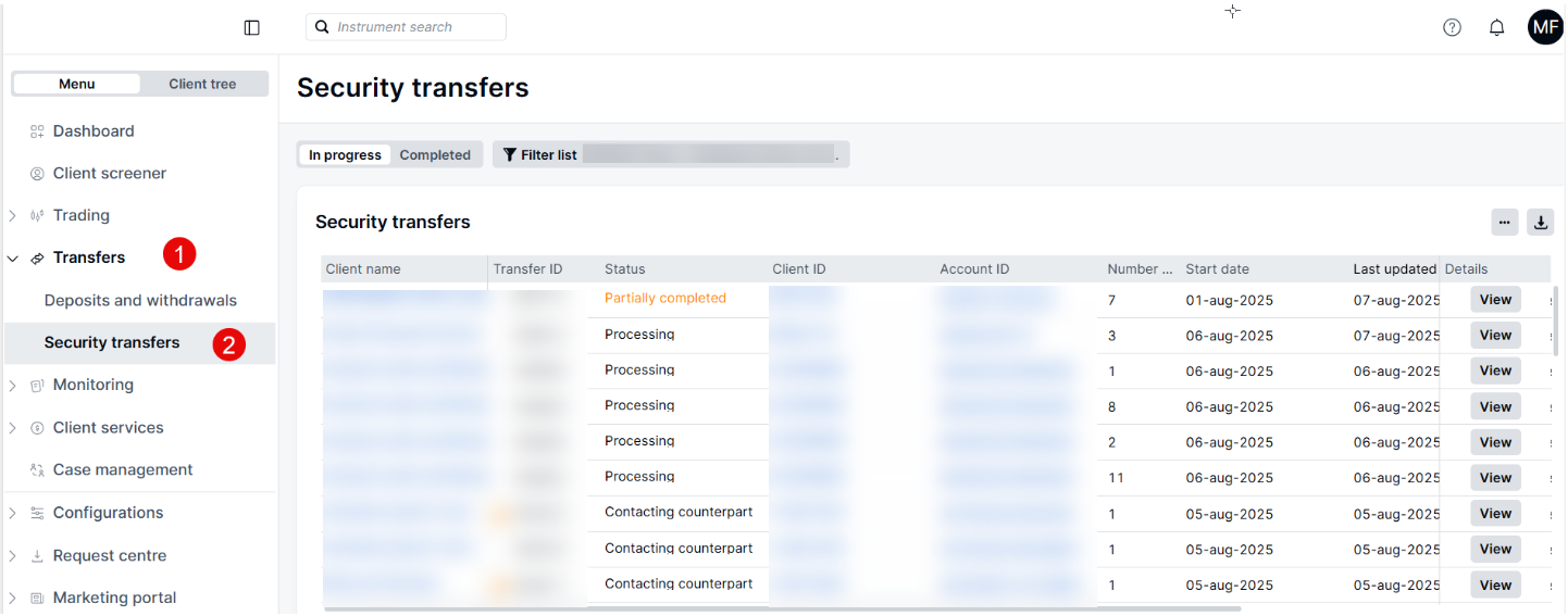 Security transfers tracking