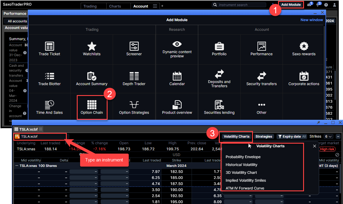 Screenshot showing how to open volatility charts